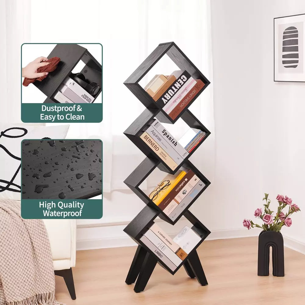 Black Bookshelf, Small Wooden Bookcase, 4-Tier Book Shelf