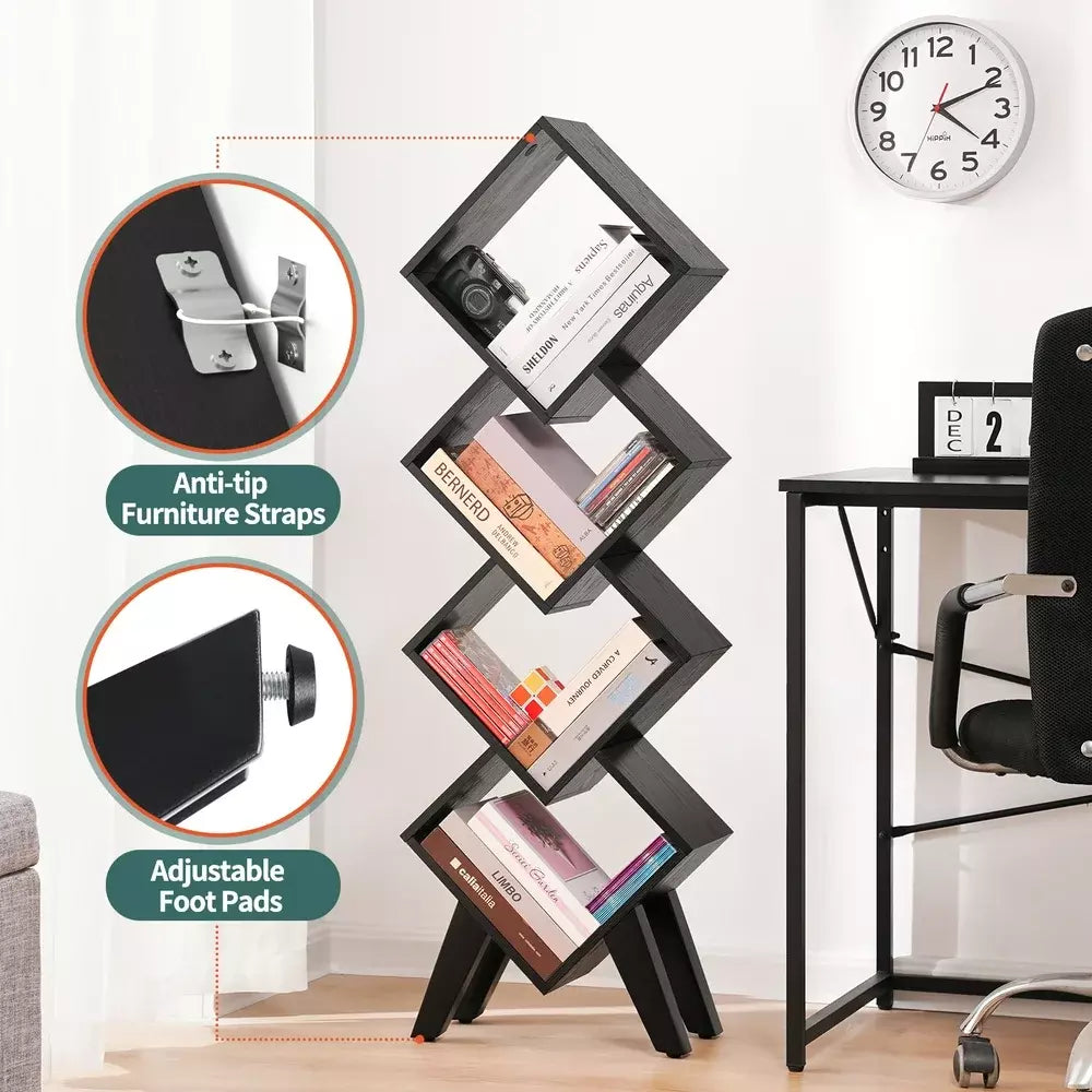 Black Bookshelf, Small Wooden Bookcase, 4-Tier Book Shelf