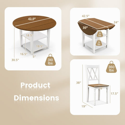 Round Drop Leaf Dining Table Set with 4 Chairs in White/Walnut Wood Finish