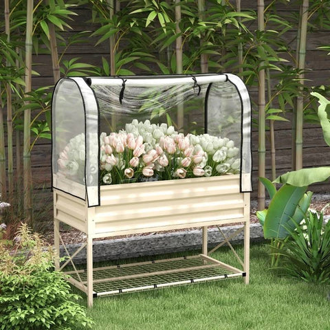 Cream Elevated Metal Raised Garden Bed w/ Greenhouse Cover