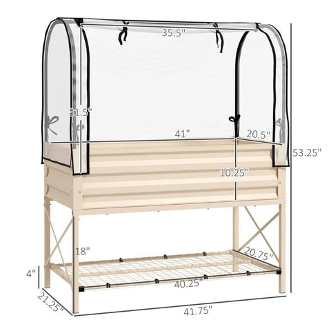 Cream Elevated Metal Raised Garden Bed w/ Greenhouse Cover