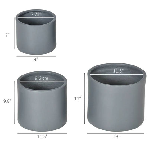 Set of 3 Stackable Round Outdoor Flower Pot Planters with Drainage Holes in Grey