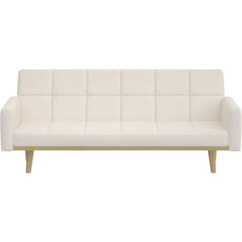 Modern Mid-Century Futon Sleeper Sofa Bed in Sherpa Ivory Fabric Upholstery