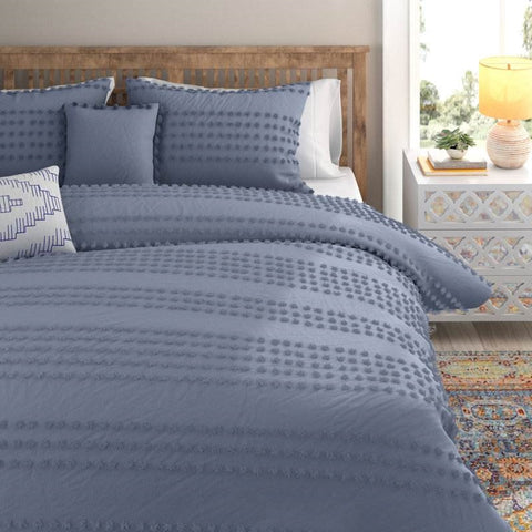 King size 5-Piece 100-Percent Cotton Clip Dot Boho Comforter Set in Denim Blue