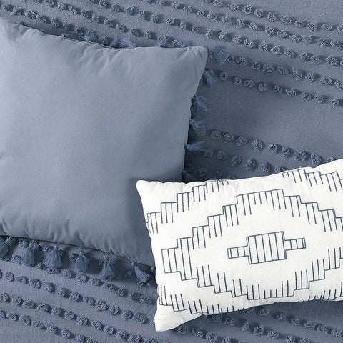 King size 5-Piece 100-Percent Cotton Clip Dot Boho Comforter Set in Denim Blue