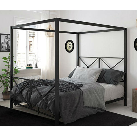 Queen size Modern Black Metal Four-Poster Canopy Bed Frame