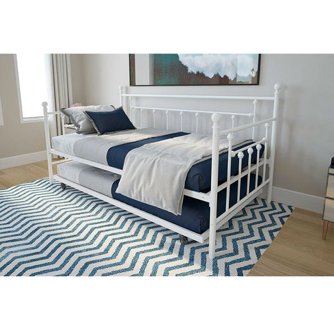 Twin White Metal Daybed Frame with Roll-Out Turndle Bed