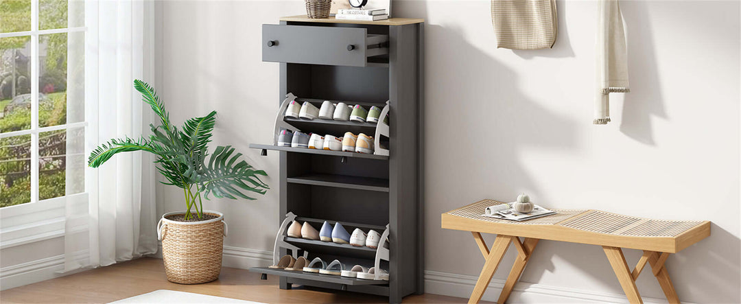 Top Shoe Cabinet with 2 Flip Drawers, Independent Shoe Rack