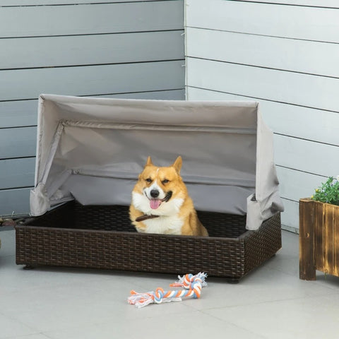 Espresso Wicker Foldable Canopy Raised Dog Bed House