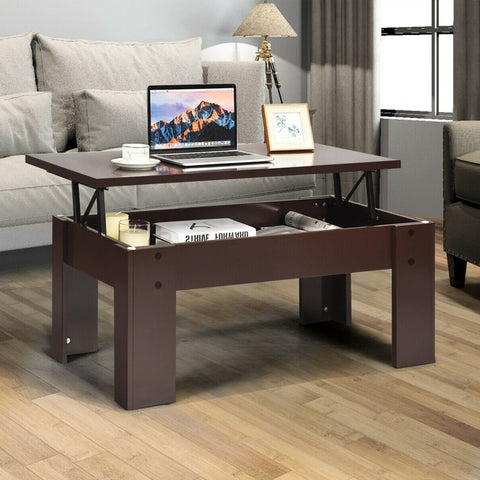 Farmhouse Lift-Top Coffee Table Laptop Desk in Espresso Brown Wood Finish