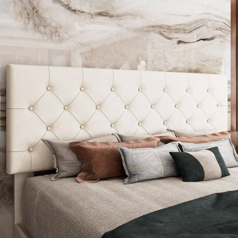 King White Faux Leather Upholstered Platform Bed with Button-Tufted Headboard