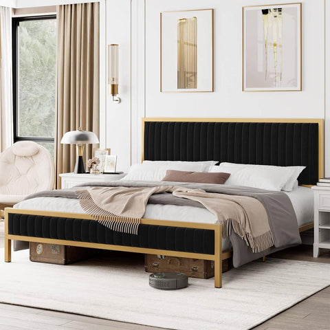 Full size Gold Metal Platform Bed Frame with Black Velvet Upholstered Headboard