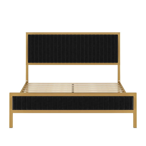 Full size Gold Metal Platform Bed Frame with Black Velvet Upholstered Headboard