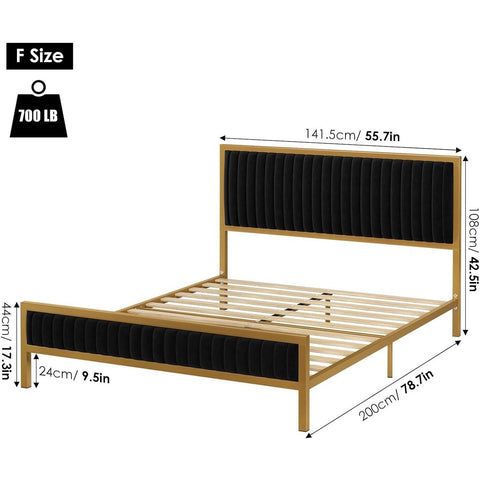 Full size Gold Metal Platform Bed Frame with Black Velvet Upholstered Headboard