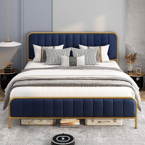 Full Gold Metal Platform Bed Frame with Navy Blue Velvet Upholstered Headboard