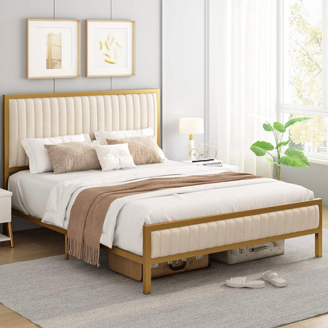 Full size Gold Metal Platform Bed Frame with Beige White Upholstered Headboard