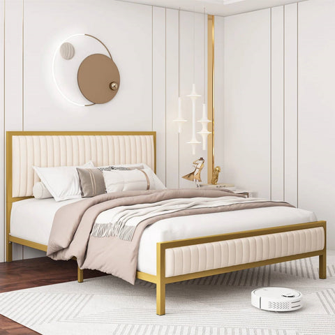 Full size Gold Metal Platform Bed Frame with Beige White Upholstered Headboard