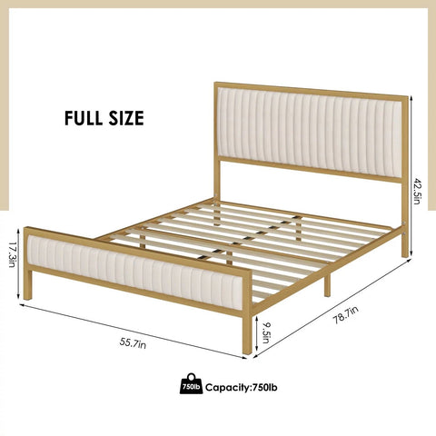 Full size Gold Metal Platform Bed Frame with Beige White Upholstered Headboard