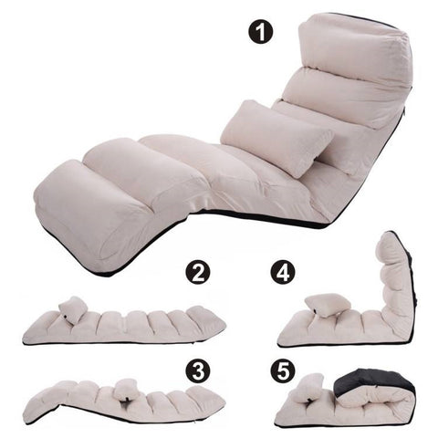 Foldable Multi-Position Sofa Bed Lounger Couch with Pillow in Beige Faux Suede