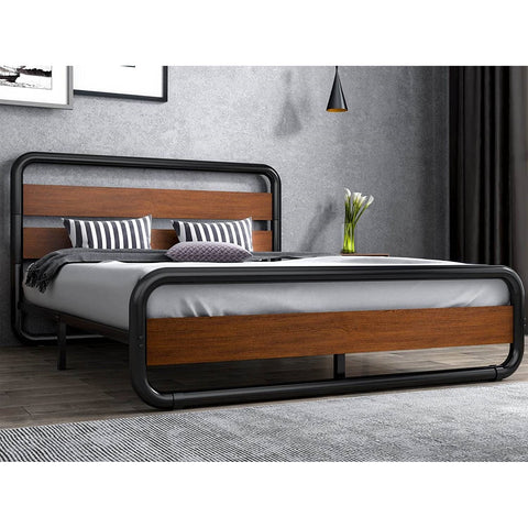 Full Heavy Duty Industrial Modern Metal Wood Platform Bed Frame with Headboard