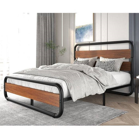 Full Heavy Duty Industrial Modern Metal Wood Platform Bed Frame with Headboard