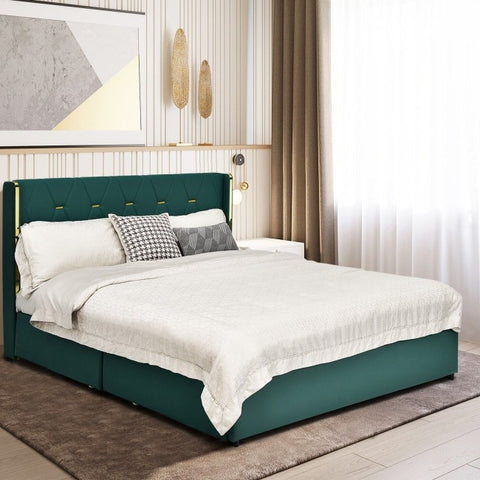 Full Size Green/Gold Linen Headboard 4 Drawer Storage Platform Bed