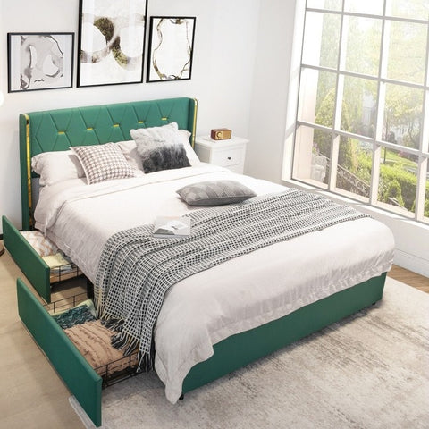 Full Size Green/Gold Linen Headboard 4 Drawer Storage Platform Bed