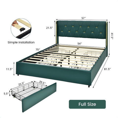 Full Size Green/Gold Linen Headboard 4 Drawer Storage Platform Bed