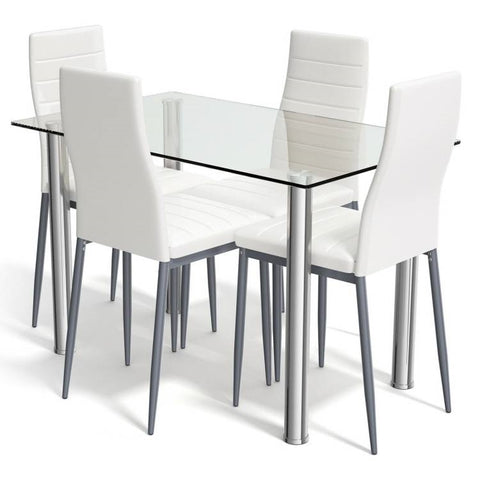 Modern 5-Piece Dining Set with Glass Top Table and 4 White PVC Leather Chairs