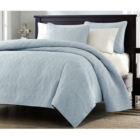 Full / Queen size Quilted Bedspread Coverlet with 2 Shams in Light Blue