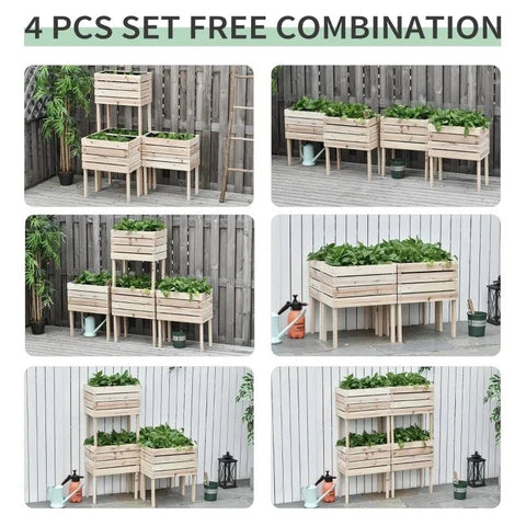 Farmhouse 4 Piece Wooden Elevated Raised Garden Bed Planter Box