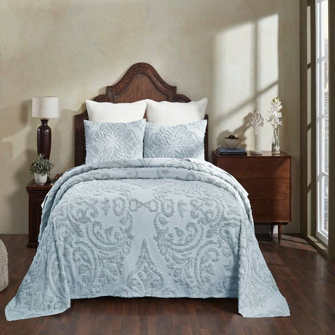 Full Size 100-Percent Cotton Chenille 3-Piece Coverlet Bedspread Set in Blue