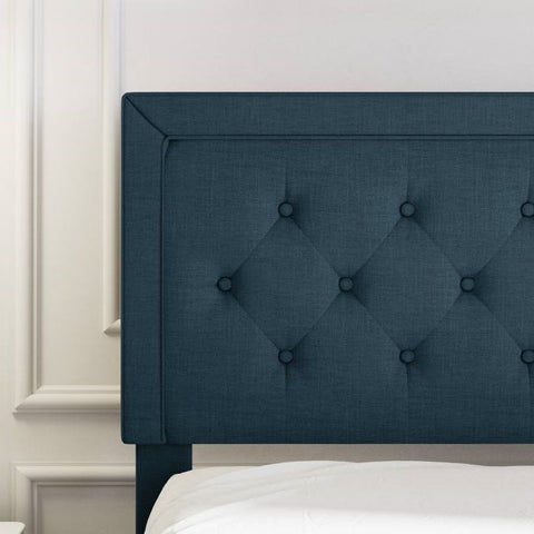 Full Size Adjustable Height Platform Bed Frame with Blue Upholstered Headboard