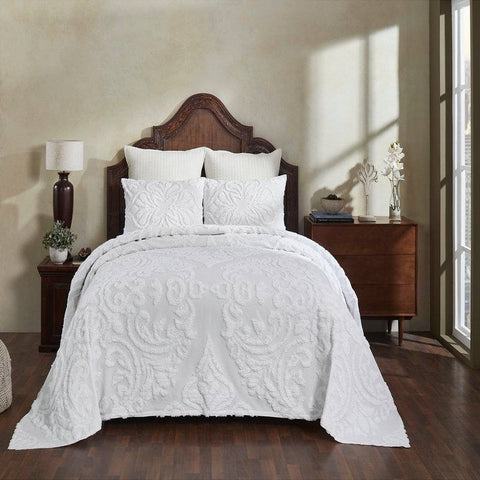 Full Size 100-Percent Cotton Chenille 3-Piece Coverlet Bedspread Set in White