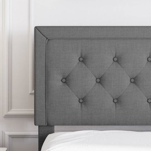 Full Size Dark Grey Linen Upholstered Platform Bed with Button-Tufted Headboard