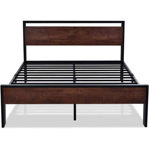 Full Metal Platform Bed Frame with Mahogany Wood Panel Headboard Footboard