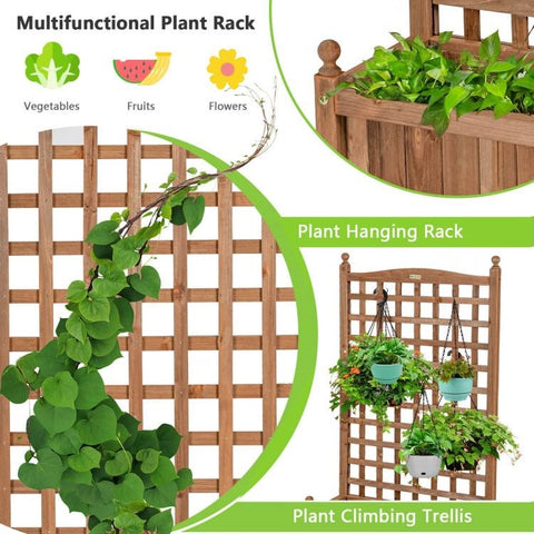 Outdoor Solid Wood Raised Garden Bed Mobile Planter Box with Trellis on Wheels