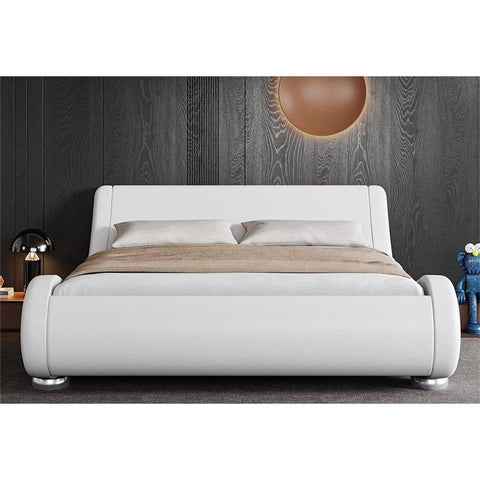 Full Modern White Upholstered Platform Bed Frame with Sleigh Curved Headboard