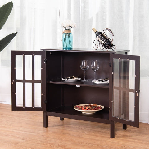 Brown Wood Sideboard Buffet Cabinet with Glass Panel Doors