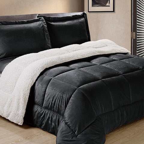 Full Size 3 Piece Ultra Soft Sherpa Wrinkle Resistant Comforter Set in Black