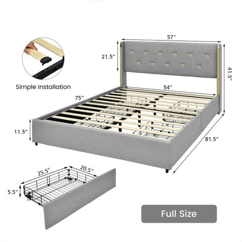 Full Size Grey/Gold Linen Headboard 4 Drawer Storage Platform Bed