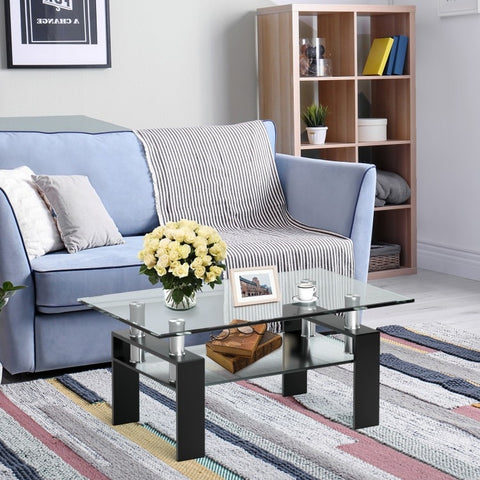 Modern 2 Tier Glass Coffee Table with Black Metal Legs