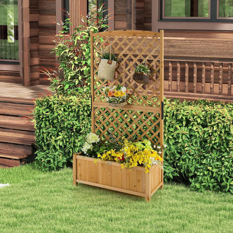 Outdoor Fir Wood Raised Garden Bed Planter Box with 71-inch High Trellis