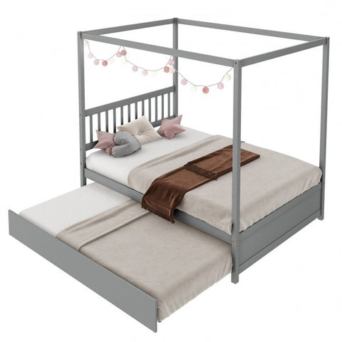 Gray Full Size Canopy Platform Bed with Twin Roller Trundle Bed