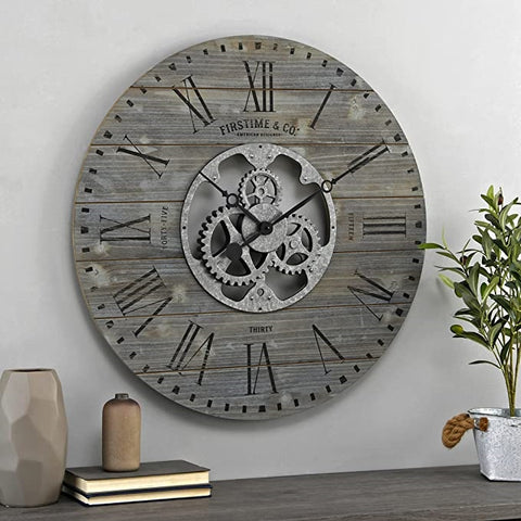 Industrial Farm Home Round Oversized Wall Clock in Rustic Grey