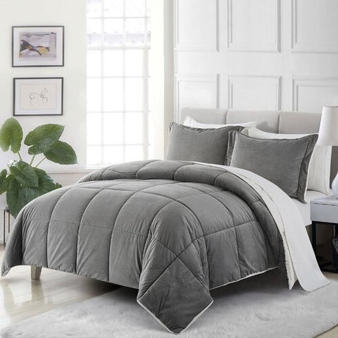 King Plush Microfiber Reversible Comforter Set in Grey