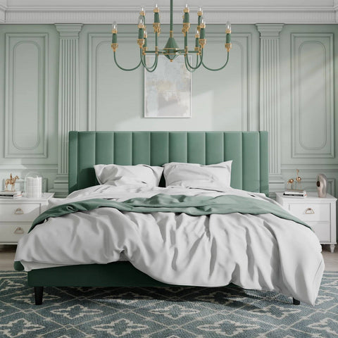 King size Modern Green Velvet Upholstered Platform Bed with Headboard