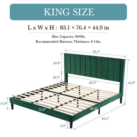 King size Modern Green Velvet Upholstered Platform Bed with Headboard