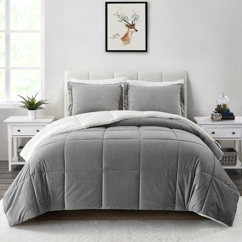 Queen Plush Microfiber Reversible Comforter Set in Grey