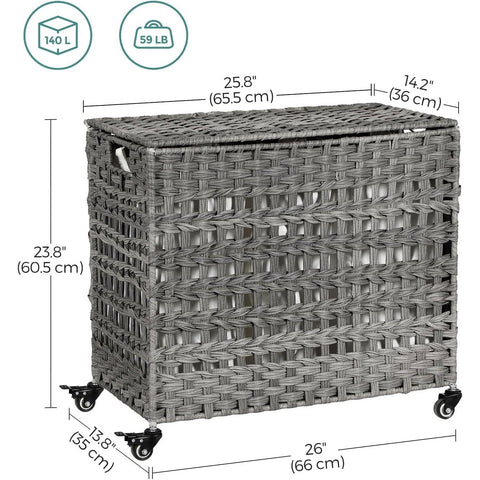 Grey PP Rattan 3-Basket Laundry Hamper Sorter Cart with Removable Cotton Bags